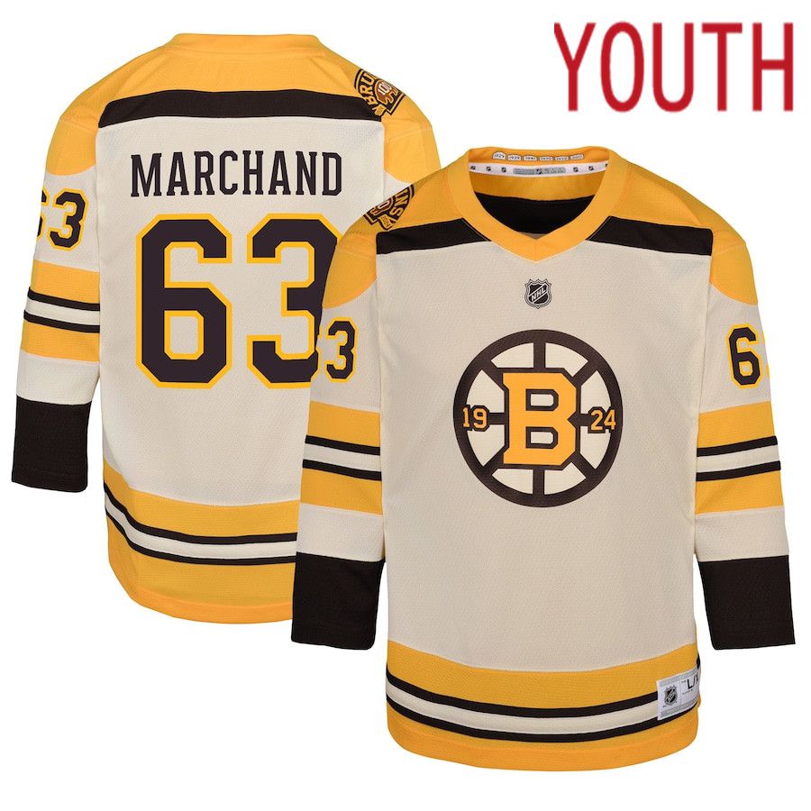 Youth Boston Bruins 63 Brad Marchand Cream 100th Anniversary Replica Player NHL Jersey